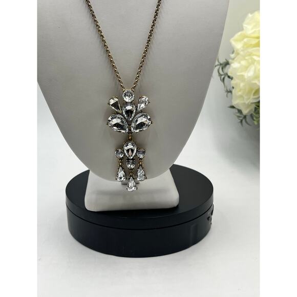 J. Crew Gold Tone Clear Rhinestone Flower Cluster Pendant Long Necklace - Picture 9 of 10